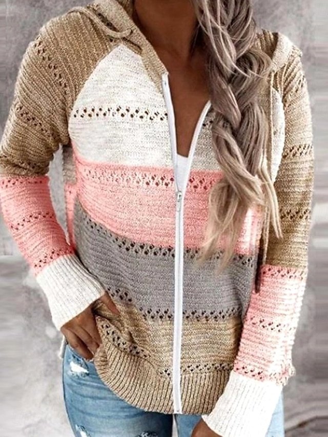 Casual Regular Striped Hooded Ribbed Long Sleeve Pullover - Image 1
