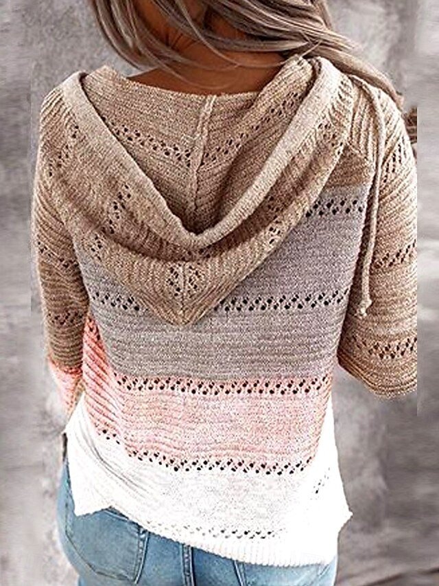 Casual Regular Striped Hooded Ribbed Long Sleeve Pullover - Image 2