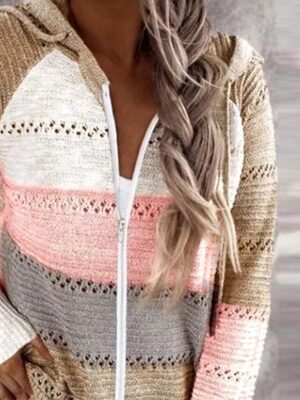 Casual Regular Striped Hooded Ribbed Long Sleeve Pullover - Image 3