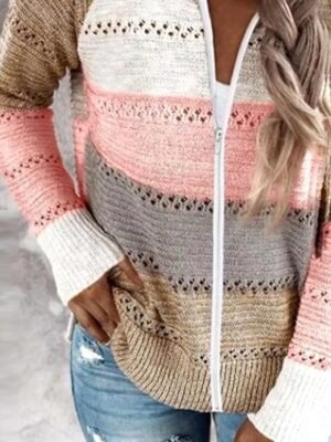 Casual Regular Striped Hooded Ribbed Long Sleeve Pullover - Image 4