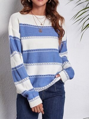Casual Regular Striped Off Shoulder Long Sleeve Pullover Top - Image 3