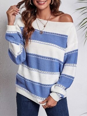 Casual Regular Striped Off Shoulder Long Sleeve Pullover Top - Image 4