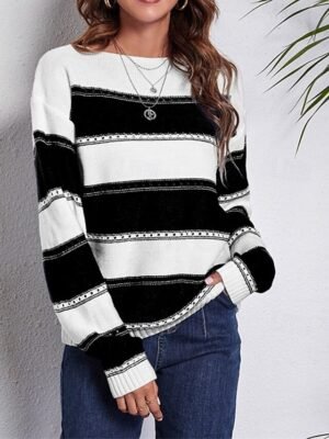 Casual Regular Striped Off Shoulder Long Sleeve Pullover Top - Image 6