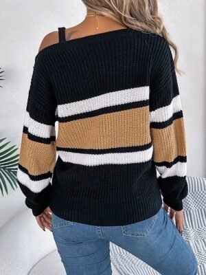Casual Regular Striped One Shoulder Long Sleeve Knit Top - Image 2