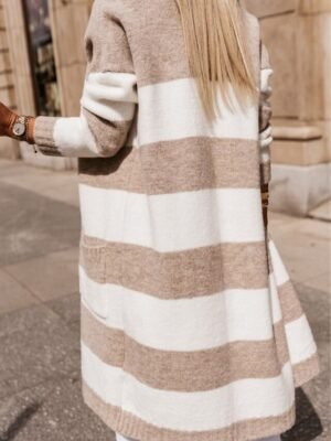 Casual Regular Striped Open Front Long Sleeve Knitted Cardigan - Image 2