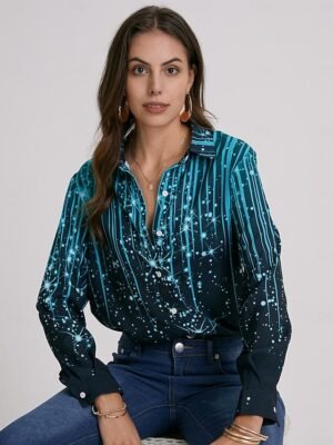 Casual Regular Striped Shirt Collar Long Sleeve Sparkly Blouse - Image 4