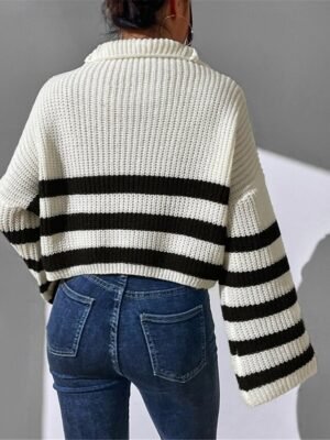 Casual Regular Striped Turtleneck Zipper Long Sleeve Knit Sweater - Image 2
