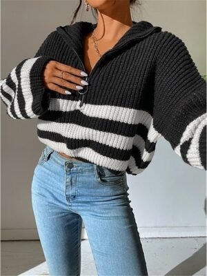 Casual Regular Striped Turtleneck Zipper Long Sleeve Knit Sweater - Image 4