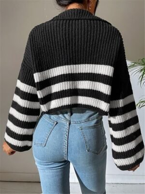 Casual Regular Striped Turtleneck Zipper Long Sleeve Knit Sweater - Image 5