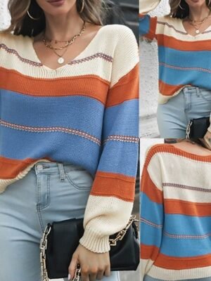 Casual Regular Striped V Neck Long Sleeve Knit Top - Image 1