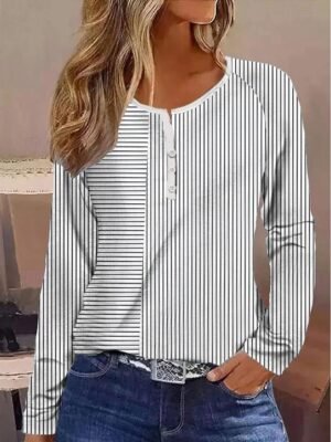 Casual Regular Striped V Neck Long Sleeve Tops - Image 2