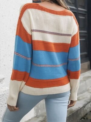 Casual Regular Striped V Neck Long Sleeve Knit Top - Image 7