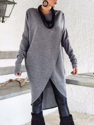 Casual Ruched Crew Neck Long Sleeve Midi Dress - Image 3