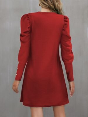 Casual Ruched Crew Neck Long Sleeve Mini Dress - Image 2