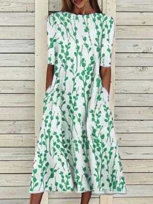 Casual Shift Floral Crew Neck Half Sleeve Midi Dress - Image 4