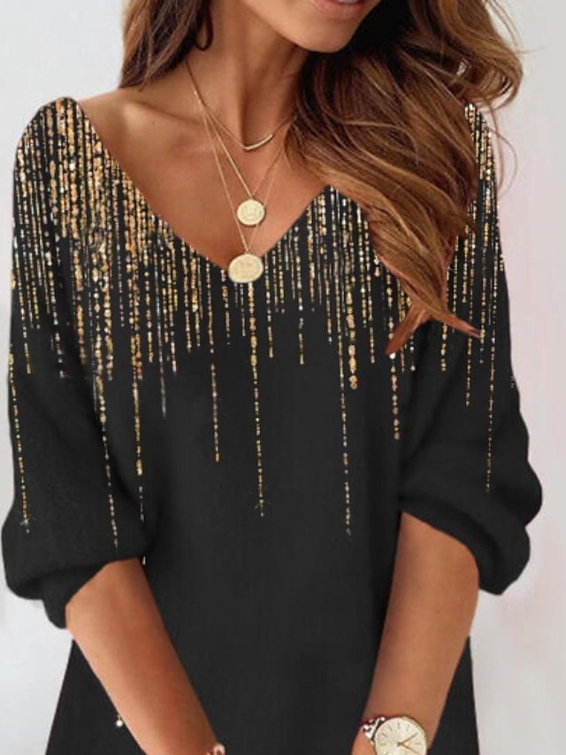 Casual Shift Gradient Print V Neck 3/4 Sleeve Mini Dress - Image 2