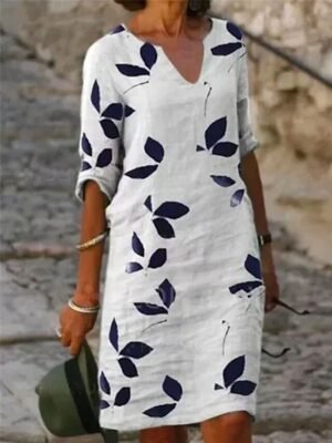 Casual Shift Leaf Print V Neck Half Sleeve Midi Dress - Image 1