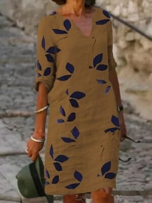 Casual Shift Leaf Print V Neck Half Sleeve Midi Dress - Image 4
