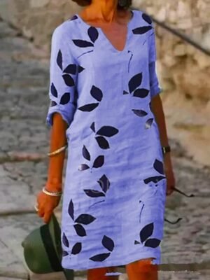 Casual Shift Leaf Print V Neck Half Sleeve Midi Dress - Image 6