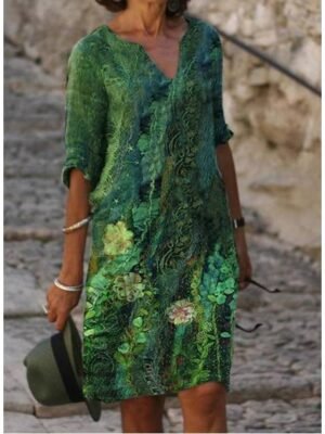 Casual Shift Leopard V Neck Half Sleeve Midi Dress - Image 15