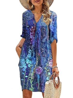 Casual Shift Leopard V Neck Half Sleeve Midi Dress - Image 8
