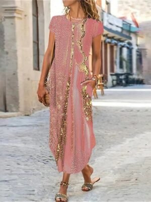 Casual Shift Ombre Marble Crew Neck Short Sleeve Maxi Dress - Image 1