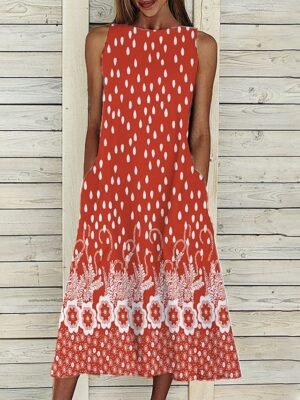 Casual Shift Polka Dot Crew Neck Sleeveless Midi Dress - Image 3