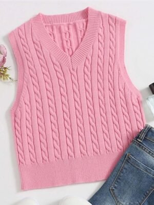 Casual Sleeveless Cable V Neck Knitted Vest - Image 4