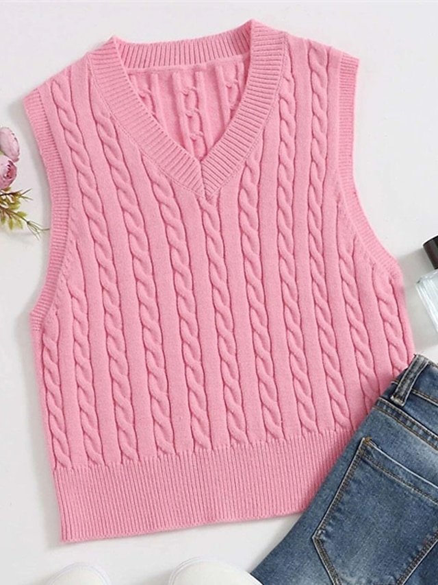 Casual Sleeveless Cable V Neck Knitted Vest - Image 4