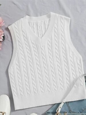 Casual Sleeveless Cable V Neck Knitted Vest - Image 5