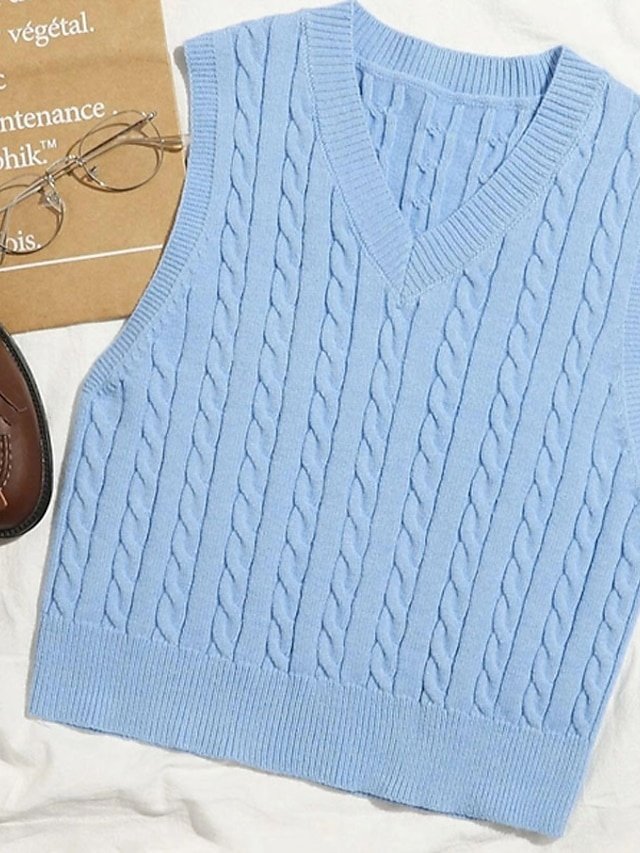 Casual Sleeveless Cable V Neck Knitted Vest - Image 8