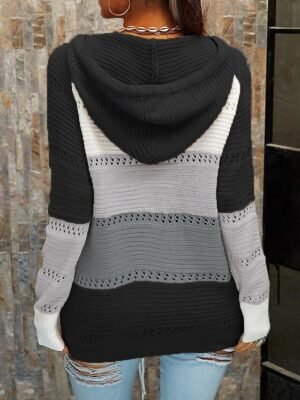 Casual Soft Colour Block Crew Neck Hooded Long Sleeve Knit Top - Image 4