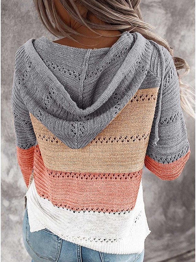 Casual Soft Colour Block Hooded Long Sleeve Tunic Knit Sweater - Image 2