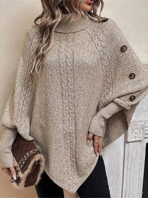 Casual Soft Khaki Ribbed Turtleneck Batwing Sleeve Long Sweater - Image 1