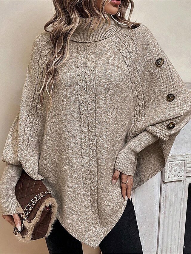 Casual Soft Khaki Ribbed Turtleneck Batwing Sleeve Long Sweater - Image 1