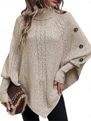 Casual Soft Khaki Ribbed Turtleneck Batwing Sleeve Long Sweater - Image 2