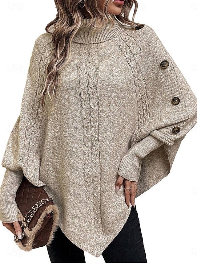 Casual Soft Khaki Ribbed Turtleneck Batwing Sleeve Long Sweater - Image 2