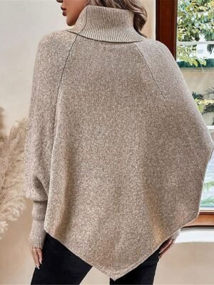 Casual Soft Khaki Ribbed Turtleneck Batwing Sleeve Long Sweater - Image 3