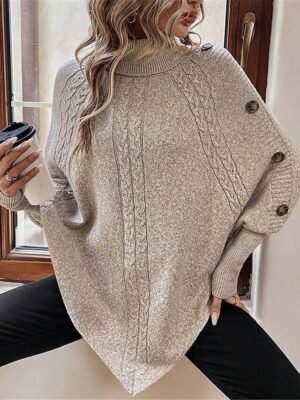 Casual Soft Khaki Ribbed Turtleneck Batwing Sleeve Long Sweater - Image 4