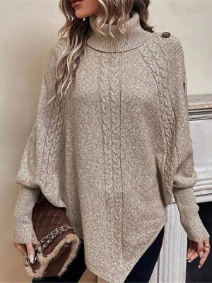 Casual Soft Khaki Ribbed Turtleneck Batwing Sleeve Long Sweater - Image 5