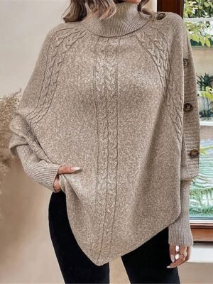 Casual Soft Khaki Ribbed Turtleneck Batwing Sleeve Long Sweater - Image 6
