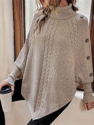 Casual Soft Khaki Ribbed Turtleneck Batwing Sleeve Long Sweater - Image 8