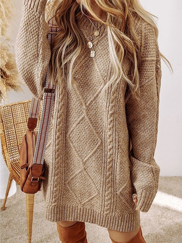 Casual Soft Pure Colour Crew Neck Long Sleeve Long Sweater Dress - Image 1