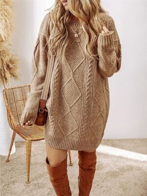 Casual Soft Pure Colour Crew Neck Long Sleeve Long Sweater Dress - Image 4