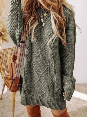 Casual Soft Pure Colour Crew Neck Long Sleeve Long Sweater Dress - Image 8