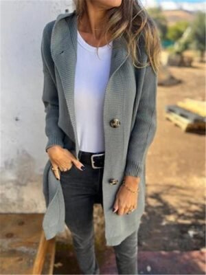 Casual Soft Pure Colour Hooded Long Sleeve Long Cardigan - Image 4