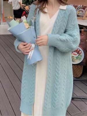 Casual Soft Pure Colour Open Front Long Sleeve Long Knitted Cardigan - Image 12