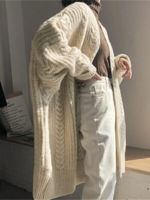 Casual Soft Pure Colour Open Front Long Sleeve Long Knitted Cardigan - Image 3
