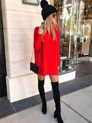 Casual Soft Pure Colour Ribbed Turtleneck Long Sleeve Long Sweater Dress - Image 3
