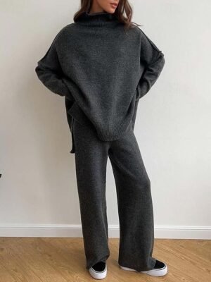 Casual Soft Pure Colour Ribbed Turtleneck Long Sleeve Regular Sweater Co-ords - Image 3